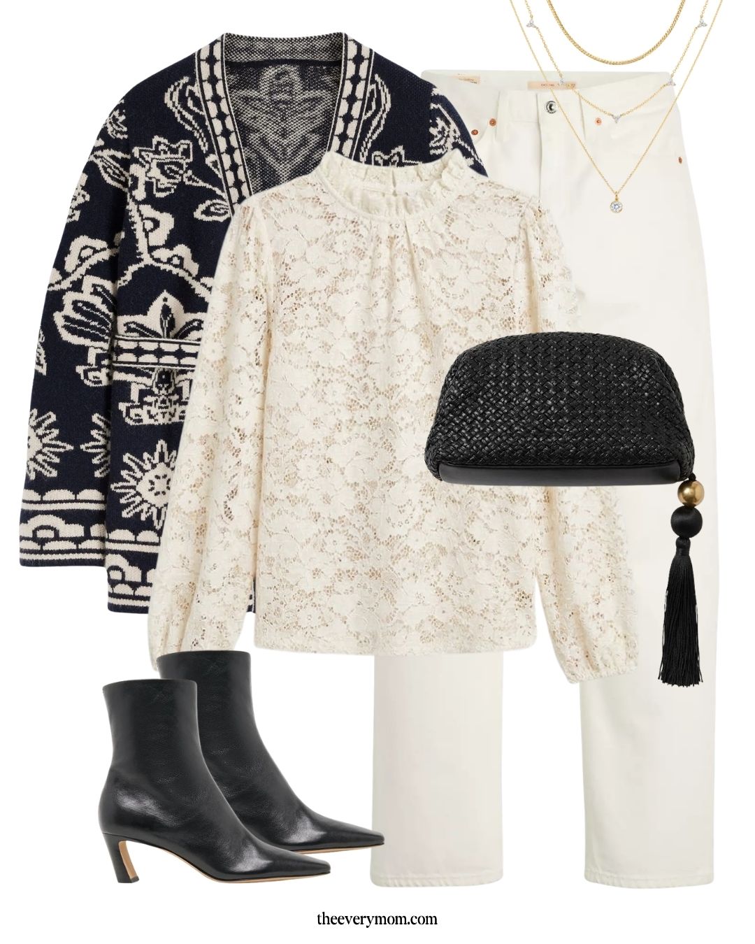 belted cardigan with lace top and ecru denim