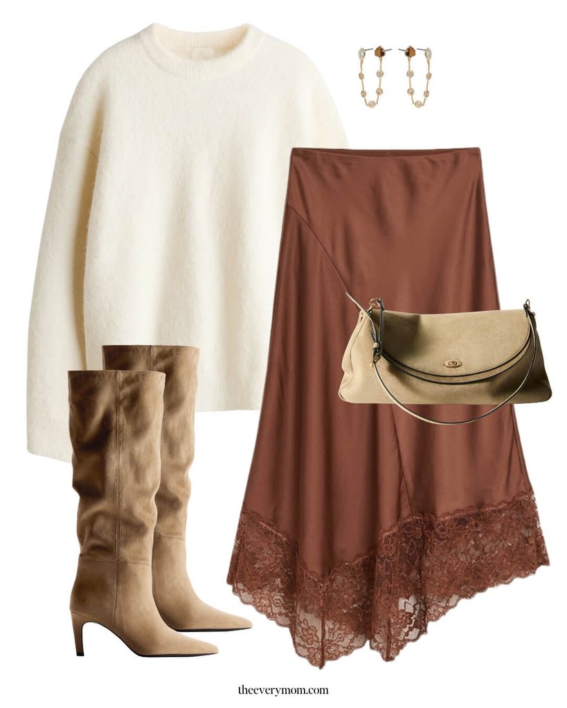 silky skirt with creamy crewneck sweater and suede boots thanksgiving outfit