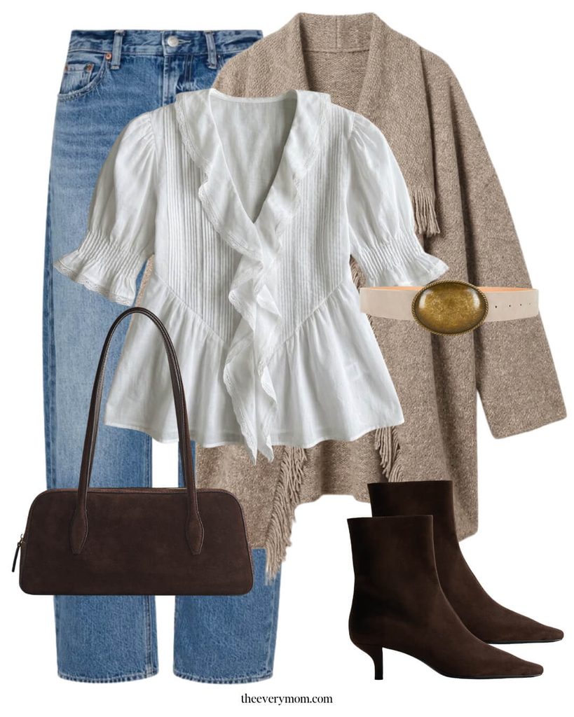 fringe jacket with pretty white blouse and jeans for Thanksgiving