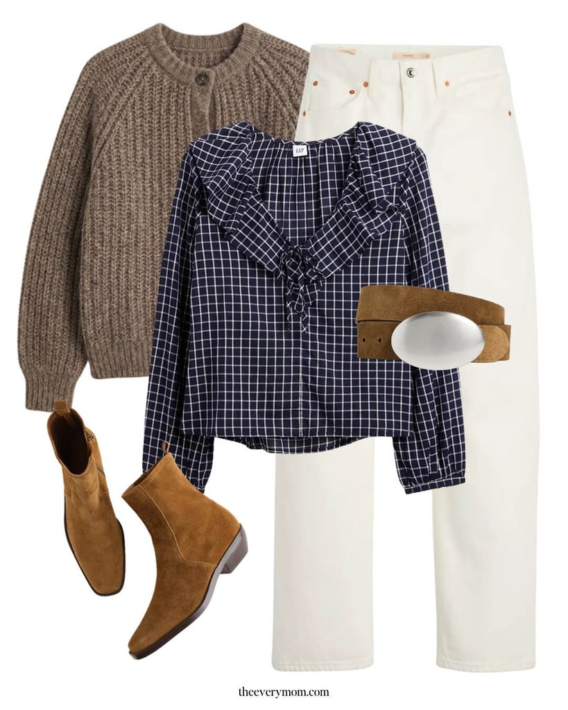 white jeans and plaid top for thanksgiving