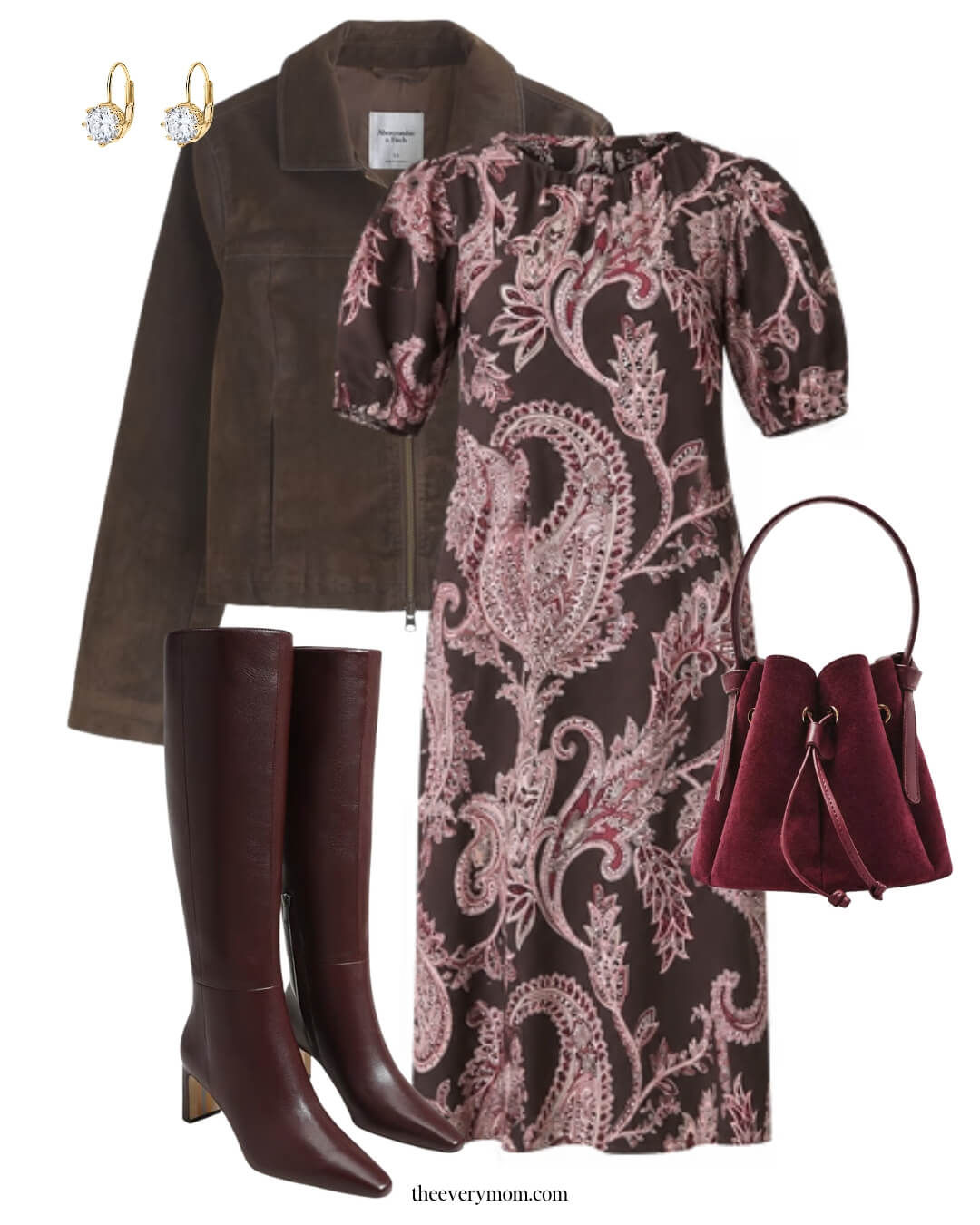 winter floral dress with suede accessories for a dressy Thanksgiving outfit idea